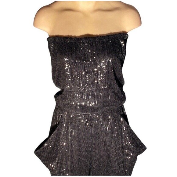 Michael Kors Jumpsuit Size S Black All Over Sequin Bandeau Strapless Pockets - Picture 4 of 11